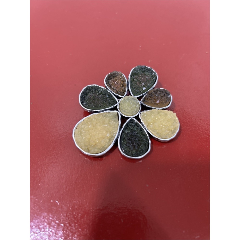 Sparkly Flower Rhinestone Brooch Pin Green Yellow 2.5" Pewter Tone Metal
